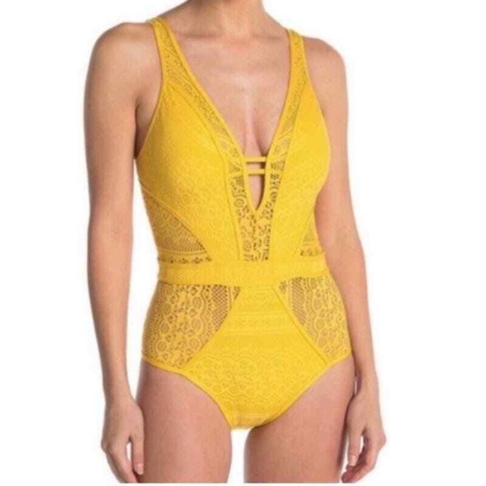 Becca women's cut out crochet swim suit one piece yellow size medium